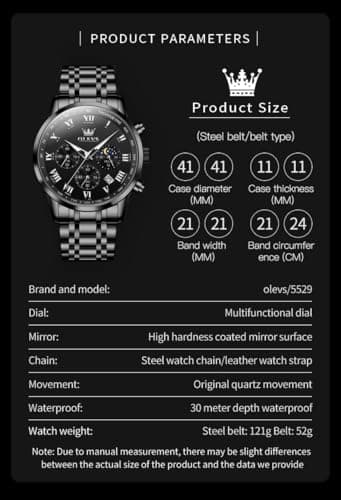 OLEVS Watch Men Luxury Black Watches for Men Dress Luminous Waterproof Analog Quartz Mens Watches with Date Fashion Stainless Steel Large Face Chronograph Moon Phase Classic Wrist Watch for Man - Thumbnail 6