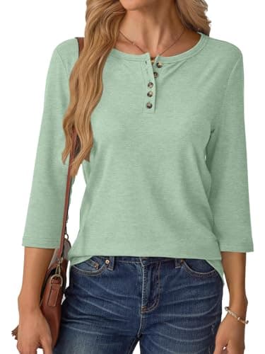 GKBK 3/4 Sleeve Womens Tops Fall Clothes Henley Casual Spring Summer Lightweight Basic Tunic Shirts Green - Thumbnail 2