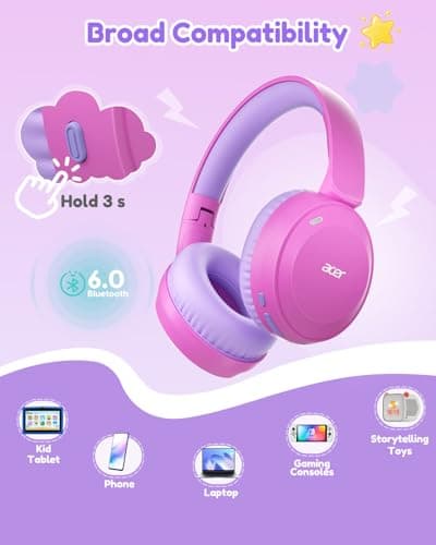 acer Kids Bluetooth Headphones, 85/94dB Volume Limiter, Foldable Wireless Over-Ear Headphones for iPad, Travel, 60H Playtime, Bluetooth 6.0, Built-in Mic, Pink, OHR668 - Thumbnail 6