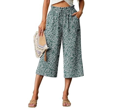 Lepunuo Business Floral Wide Leg Capri Pants High Waisted Baggy Pants Adjustable Casual Tie Knot Pants with Pockets - Image 1