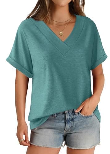 GKBK Womens Short Sleeve T Shirts V Neck Loose Fit Shirts Summer Casual Basic Tee Tops Cyan XXL - Image 1