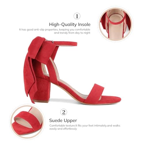 Yremael Women's Heeled Sandals Red Bow Round Open Toe Buckle Chunky Block Heel Comfortable Wedding Dress Shoes - Thumbnail 5