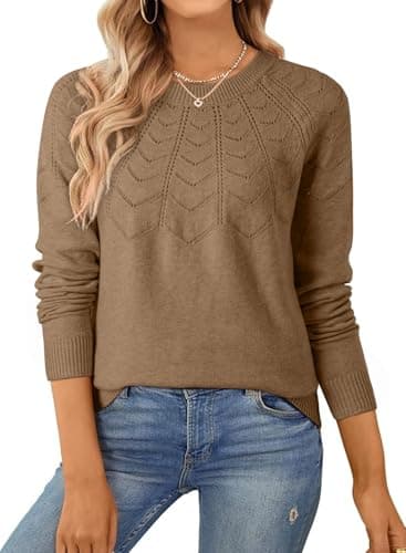SHEWIN Sweaters for Women Crew Neck Womens Long Sleeve Tops Lightweight Fall Tops for Women 2025 Hollow Out Womens Sweaters Fall Fashion, Light French Beige, M - Image 1