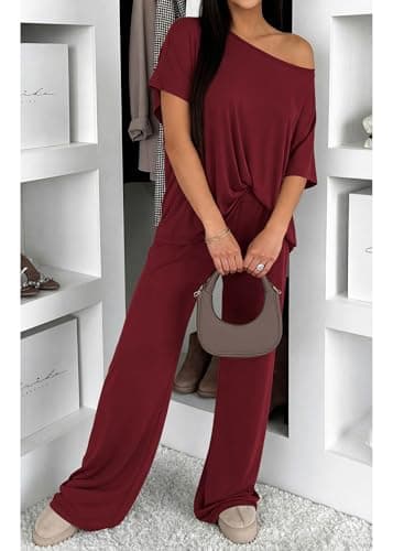 KIRUNDO Two Piece Sets for Women Lounge Airport Travel Vacation Outfits 2026 Summer Off Shoulder Tops Matching Wide Leg Pants(Burgundy, Large) - Thumbnail 6