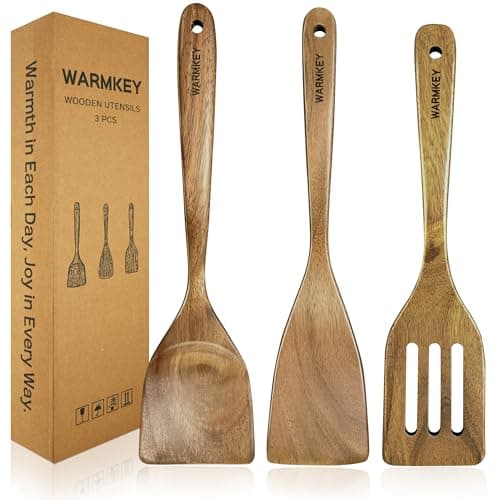 WARMKEY Natural Acacia Wood Spatula Set of 3, Nonstick Pan Safe Multipurpose Wooden Cooking Spatulas, Eco-Friendly Scratch-Proof Heat Resistant with Hanging Holes - Image 1