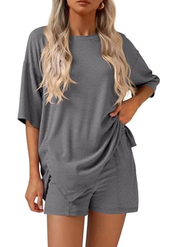 KIRUNDO 2 Piece Sets for Women Summer Lounge Sets Casual Oversized Tshirts Shorts Matching Airport Travel Outfits Postpartum(Dark Grey, X-Large) - Image 1