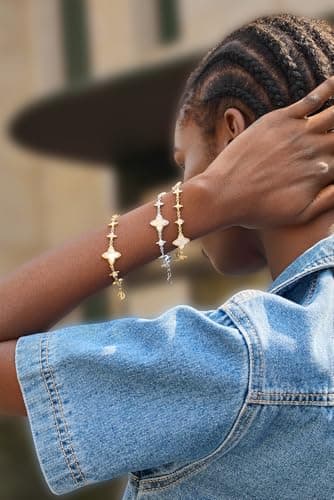 Cicy Bell Womens Bracelets 18k Gold Plated White Shell Cubic Zirconia Square Cross Adjustable Chain Link Bracelets 6.69" with 2" Extender - Thumbnail 5