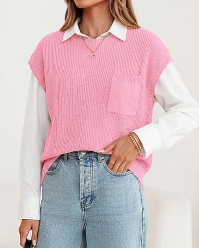 KIRUNDO Spring Summer Short Sleeve Sweater for Women 2026 Casual Sweater Vest Cotton Knit Pullover Tank Tops Fashion Clothing(Pink, Large) - Thumbnail 6