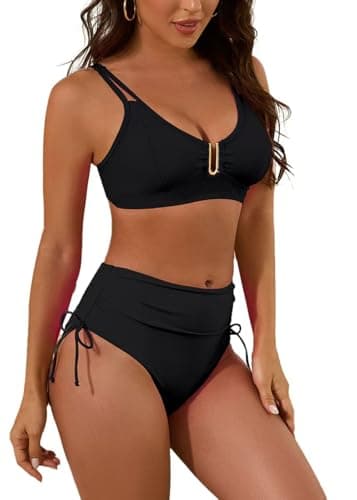 Nillocco 2 Piece Swim Suits for Women 2025 Swimsuits for Curvy Women High Waisted Bikini Sets U-Wire Cutout Tummy Control Bathing Suit Black Medium - Image 1