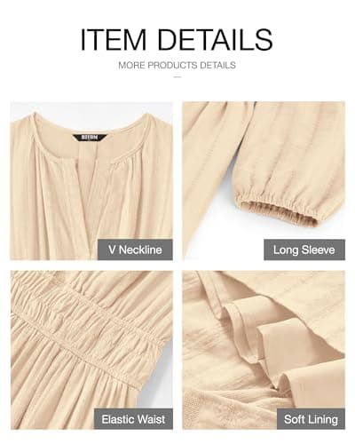 BTFBM Fall Dresses for Women 2026 Casual Long Sleeve V Neck Elastic Waist Lightweight Maxi Wedding Guest Dress Pockets(Apricot, Small) - Thumbnail 4