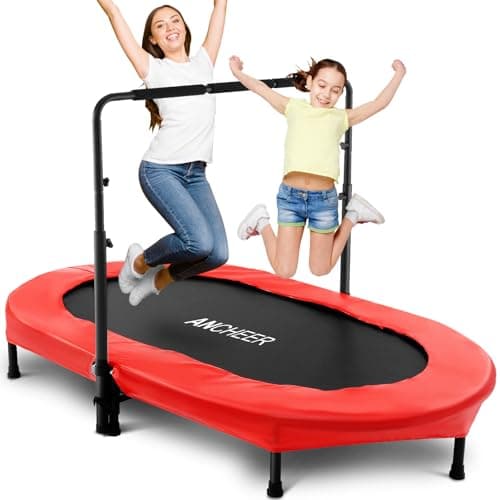ANCHEER Trampoline for Kids, 56" Double Toddler Trampoline with Adjustable Handlebar, 220LBS Weight Capacity - Indoor/Outdoor Foldable Jumper for 2+ Users (ASTM Certified)