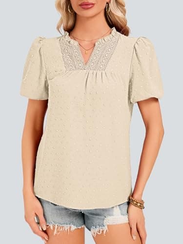 Funlingo Womens Tops Puff Sleeve V Neck Dressy Casual Blouses Summer Flowy Swiss Dot Boho Babydoll Short Sleeve Shirts Trendy Clothes 2026 Beige 2XL - Thumbnail 4