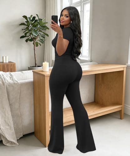 ABKY Two Piece Sets For Women Summer Ribbed Short Sleeve V Neck Polo Top Wide Leg Pants Set Casual Tracksuit Brunch Outfits Black S - Thumbnail 4