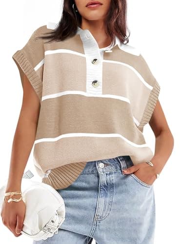 Saodimallsu Womens Striped Short Sleeve Sweater V Neck Polo Shirt Color Block Loose Knit Pullover Rugby Shirts 2025 Khaki - Image 1