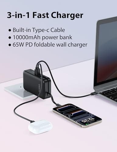 10000mAh Power Bank, 2-in-1 Portable Charger, Built in USB C Cable Battery Pack with 65W AC Wall Plug, Travel Essential Phone Powerbank Compatible with iPhone 17/16/15, iPad, Samsung, MacBook, Black - Thumbnail 2