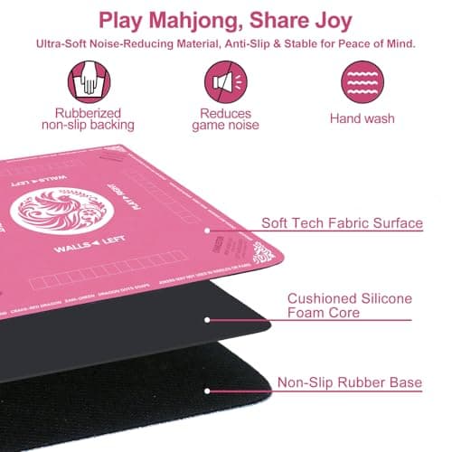 Maxsolve Mahjong Mat, 31.5" x 31.5" Neoprene Mahjong Table Mat with Rules, Anti Slip & Noise Reduction Gaming Mat for Poker, Card, Dominoes, Board & Tile Games, Mahjong Gift with Carrying Bag - Pink - Thumbnail 5