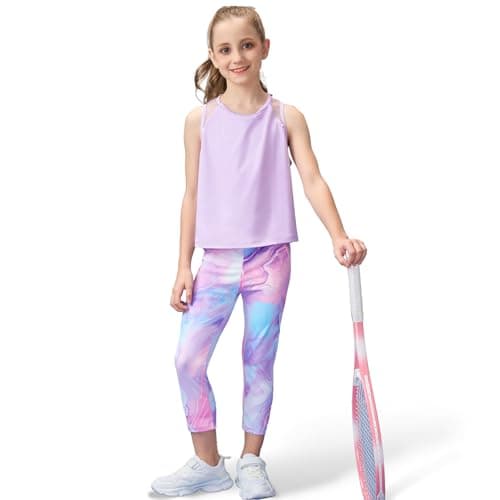 Gogokids Girls' Activewear Workout Set 2 Piece Athletic Sets Sleeveless Mesh Tank Tops and Capris Leggings Yoga Pants, Purple(130/7-8 Years) - Image 1