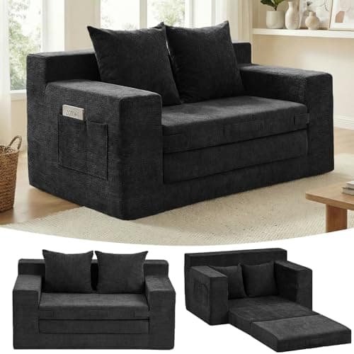 Boneless Loveseat Sleeper Sofa Bed: 3-in-1 Convertible Sofa Bed with Side Pockets & Handle,Pull Out Couch with 2 Pillows,Folding Futon for Small Space,Living Room & Bedroom,Chenille Fabric,No Assembly - Image 1