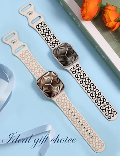 Minyee 2 Pack Engraved Bands Compatible with Apple Watch Band 38/40/41/42mm Women, Soft Silicone Two-Tone Celtic Sport Strap for iWatch Series 11 10 9 8 7 6 5 4 SE/Ultra 3 2 1, Starlight/Black/Nude - Thumbnail 4