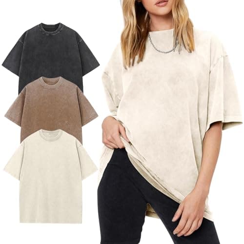 Yimoon 3 Pack Oversized Tshirts for Women Washed Vintage Baggy Boyfriend Tees Short Sleeve Unisex Cotton Tops(Blackkhakibeige-S) - Image 1