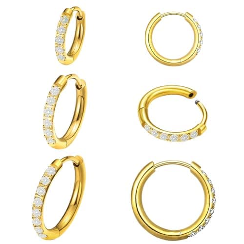 Dainty Moissanite Huggies: 3-Pair Hypoallergenic Earring Set in 14K Gold Plated G23 Titanium for Sensitive Ears, Tiny Cartilage & Wedding Hoops for Everyday Luxury (Gold 8/10/12mm) - Image 1