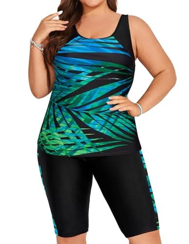 Hanna Nikole Tankini Swimsuits for Women Plus Swimsuit for Women Tankini with Shorts Plus Size Shorts Swimsuit 26W Green Leaves - Image 1