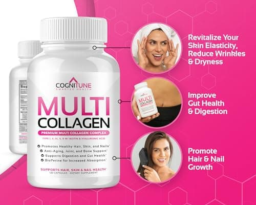 Multi Collagen for Women with Hyaluronic Acid, Vitamin C and Biotin, Collagen Protein Supplement with Types I, II, III, V, X Peptides for Healthy Hair, Skin, Nails and Joints, 120 Capsules - Thumbnail 3