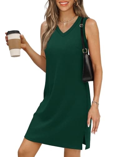 BKRIVE V-Neck Summer Casual Beach Dress for Women 2025 Vacation Women's Sleeveless Sundress with Split Dark Green - Image 1