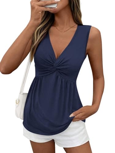 BTFBM Babydoll Tops for Women 2026 Trendy Spring Summer Outfits Twist Front V Neck Peplum Flowy Tank Tops Dressy Casual(Navy Blue, Medium) - Image 1
