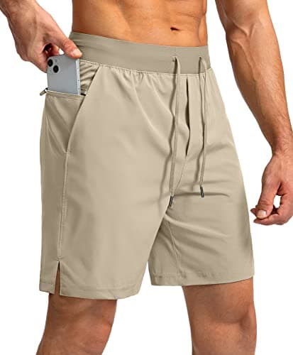 Men's Running Shorts with Zipper Pockets 7 Inch Lightweight Quick Dry Gym Athletic Workout Shorts for Men (Khaki, XL) - Image 1