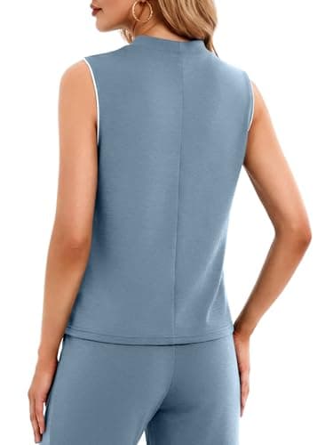 Casly Lamiit 2 Piece Sets for Women Travel Outfit Casual Sweatsuits Sleeveless Tank Top Wide Leg Pants Summer Workout Sets Blue Grey L - Thumbnail 3