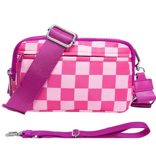 NBERMOTION Checkered Nylon Wristlet Wallets for Women RFID Blocking Purse With Credit Card Holder & Crossbody Strap(Rose Red) - Image 1