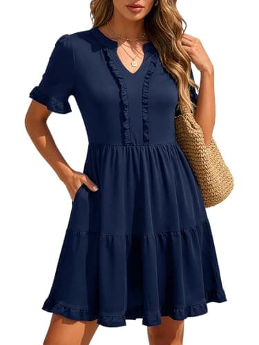 Berydress Womens Sundresses 2026 Summer Boho Beach Vacation Dress with Pockets Short Sleeve V Neck Tiered Ruffle Casual Flowy Mini Dresses(XL,6316-Navy) - Image 1