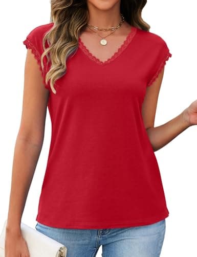 JUSTFASHIONNOW Lace Blouse Soft Cap Sleeve Tops for Women Summer V Neck Tank Tops Dressy Casual Shirts Trendy 2026 Clothes(Red,XX-Large) - Thumbnail 5