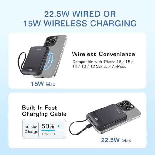 VONUV Magnetic Power Bank 10000mAh, Wireless Portable Charger with 15W Max Fast Charging & Built-in USB-C Cable, 22.5W PD LED Display Battery Pack Compatible with iPhone 17/16/15, Samsung Galaxy - Thumbnail 2