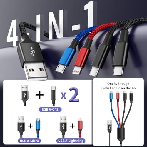 Dual Type-C 4 in 1 Multi Charging Cable for Multiple Devices with 2 USB-C/IP/Micro Port, USB Cable iPhone Charger Cord, Travel Cruise Essentials for iPhone17-8/Galaxy 25/Android/iPad, More, 2Pack 5FT - Thumbnail 2
