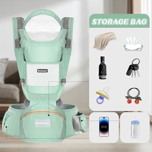 Boobezeen Baby Carrier with Hip Seat, Ergonomic M Position 6-in-1 Baby Carrier Newborns to Toddlers, Adjustable Baby Holder Carrier, All Seasons(Green) - Thumbnail 5