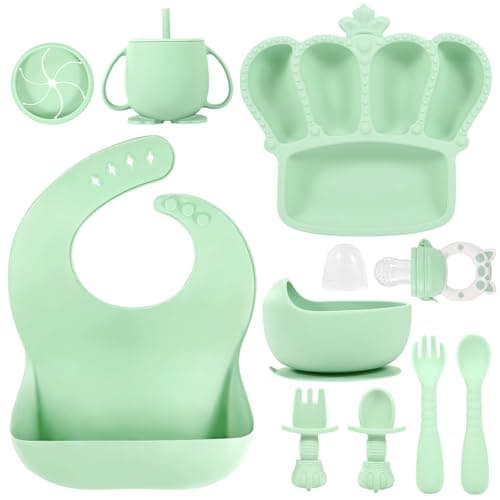 BXLL 10 Pcs Green Silicone Baby Feeding Set - Baby Led Weaning Supplies with Suction Bowl, Divided Plate, Bibs, Fruit Feeder, Pacifier, Spoons, Forks, Sippy Cup & Snack Cup