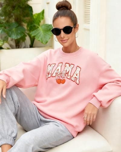 HEYTALALA Mama Sweatshirt for Women Oversized Crewneck Pullover Hoodies Graphic Tops Long Sleeve Mom Shirts Pink - Thumbnail 5