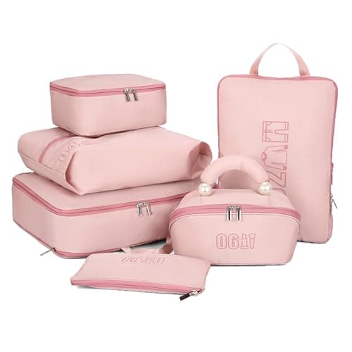 6 Set Compression Packing Cubes for Travel, Gifts for Women Mom, Anti-Tearing Suitcase Organizer for Luggage with Shoe & Hanging Toiletry Bag, Vacation Essentials & Accessories for Cruise Ship, Pink - Image 1