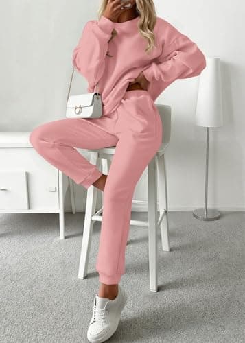 KIRUNDO Sweatsuits Women 2 Piece Outfit Matching Workout Lounge Sets Spring Fall Clothing Tracksuit Airport Travel Outfits(Pink,Medium) - Thumbnail 2