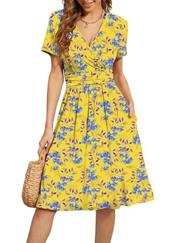 WEACZZY Womens Dresses Summer Sun Dresses Skater Flower Semi Formal A Line Flare Wear to Work Dress,Blue Leaf,XL - Image 1