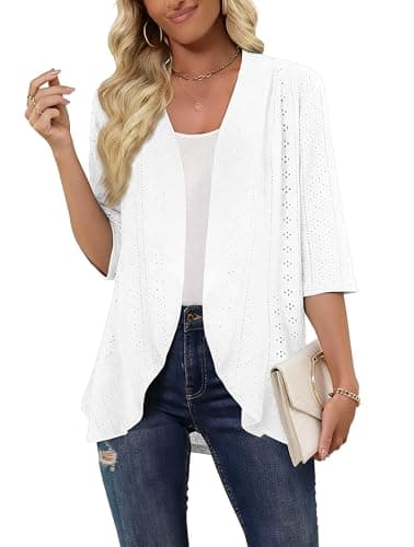 Askyes Women Spring Summer Cardigan 3/4 Sleeves Open Front Lightweight Draped Ruffle Knit Plus Size Dressy Cardigan,White,3XL - Thumbnail 2