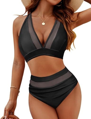 ZAFUL Mesh Panel Bikini Set High Waisted Deep V Halter Neck Tie Back Backless Tummy Control Neon Sheer Swimwear Black XS - Image 1