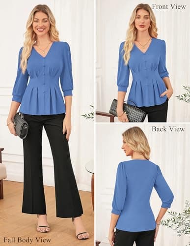 GRACE KARIN Women Business Casual Tops, 2026 Spring Trendy Dressy Blouses, 3/4 Sleeve V Neck Work Shirts Light Blue X-Large - Thumbnail 4