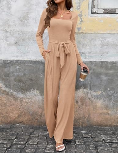 LOOKBOHO Dressy Jumpsuits for Women Casual Square Neck Long Sleeve Wide Leg Elegant 2025 One Piece Jumpsuit Outfits Khaki L - Thumbnail 2