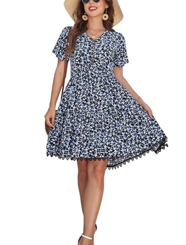 Women's V-Neck Button Down Casual Floral Midi Dress with Short Sleeve Lace Trim Hem Side Pockets (lacebian-190120-1,l) - Thumbnail 4