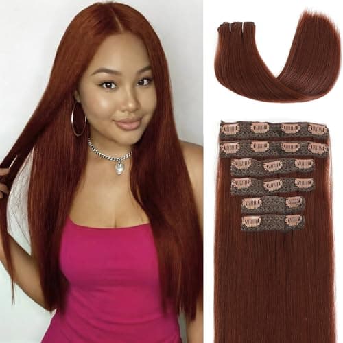20Inch Yaki Straight Clip in Hair Extensions Real Human Hair 120g 6pcs Remy Human Hair Extensions Double Weft Clip ins for Women (33#, 20 Inch) - Image 1