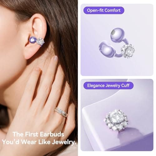 Kinglucky Jewelry-Inspired Clip-On Earbuds with Diamond Earrings, Comfortable Fit & 40H Playtime Open Ear Bluetooth 5.4 Wireless Headphones for Women, Small Ears, Sports & Workouts (Purple) - Thumbnail 2