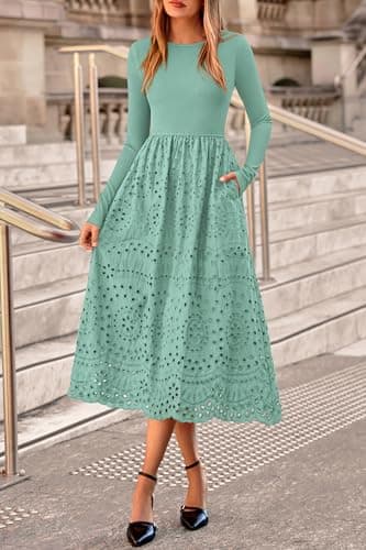 dowerme Women Spring Dresses 2026 Casual Long Sleeve Crewneck A-Line Boho Eyelet Cotton Maxi Wedding Guest Dress Pockets(Light Green,XX-Large) - Thumbnail 2